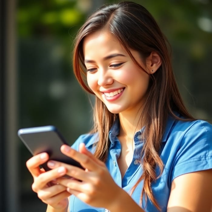 Warm Smile of a Young Woman with Smartphone