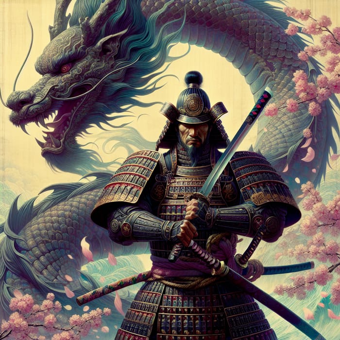 Samurai Warrior with Dragon - A Scene of Ancient Power and Wisdom