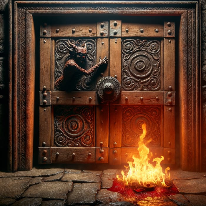 Ancient Door with Fire and Mystery