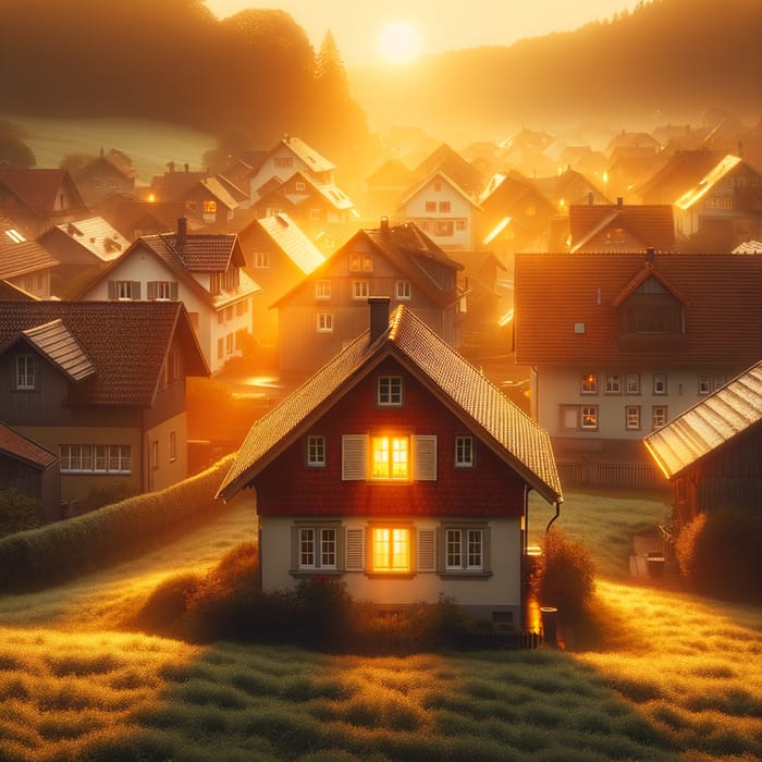 Tranquil Sunrise Over Quaint Town | Cozy House & Glowing Attic