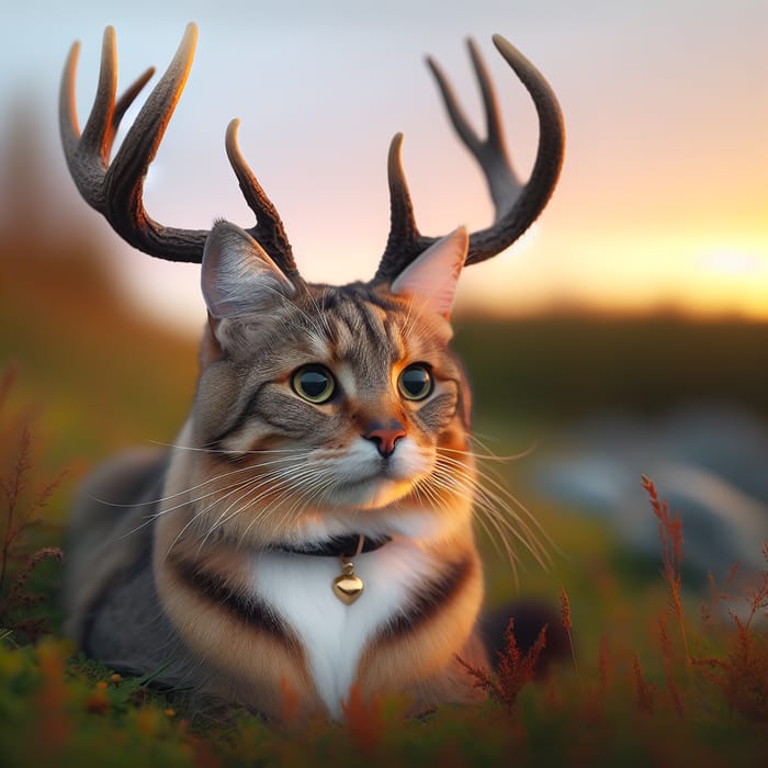 Majestic Cat with Deer-Like Antlers in Meadow