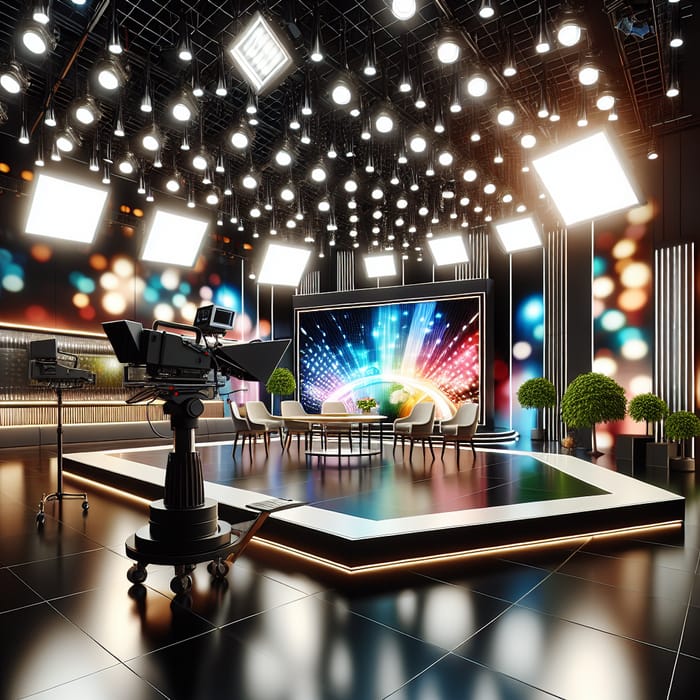 Vibrant TV Show Studio Setting with Large Screen Display