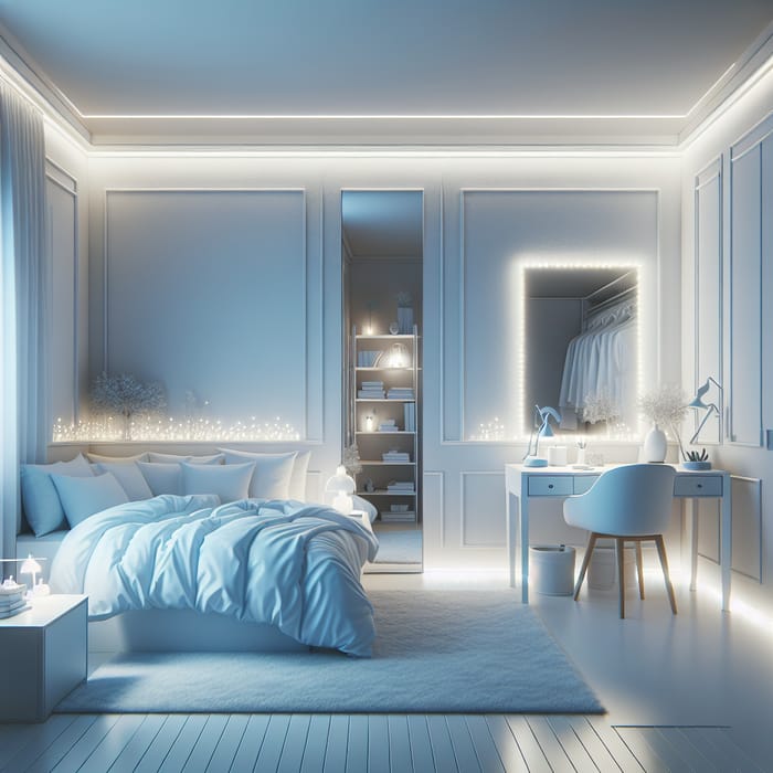 Modern White Bedroom with Blue Comforter & Elegant Mirror Decor