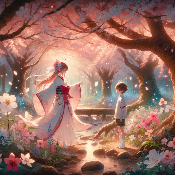 Tranquil Magic Garden: Enchanting Scene with Magical Girl and Boy Among Cherry Blossoms