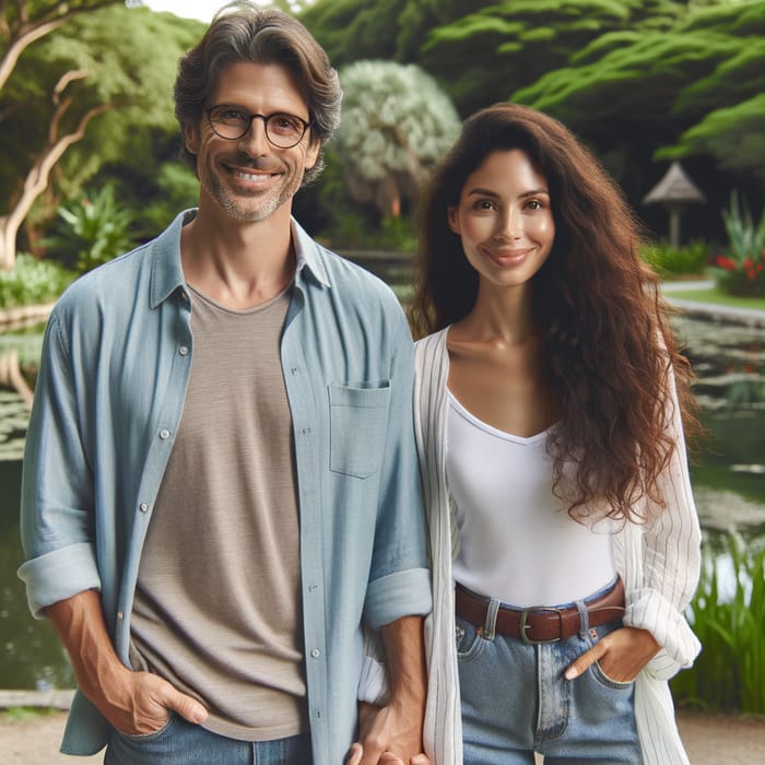 Happy Middle-Aged Man with Hispanic Wife Enjoying Serene Park Moment