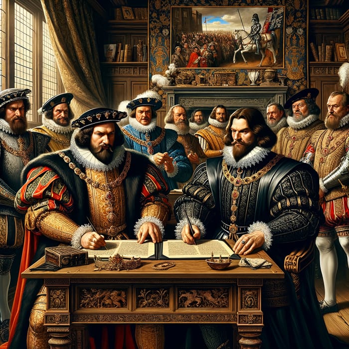 Henry VIII and Francis I Signing Treaty of Ardres in Renaissance Ceremony Henry VIII and Francis I Signing Treaty of Ardres in Renaissance Ceremony