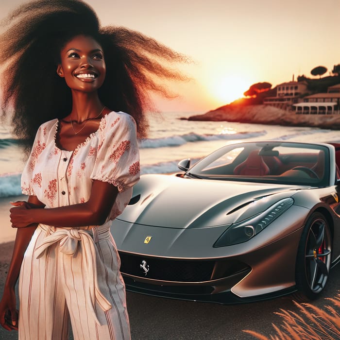 Stunning Woman with Ferrari 812 Enjoying Beach Sunset