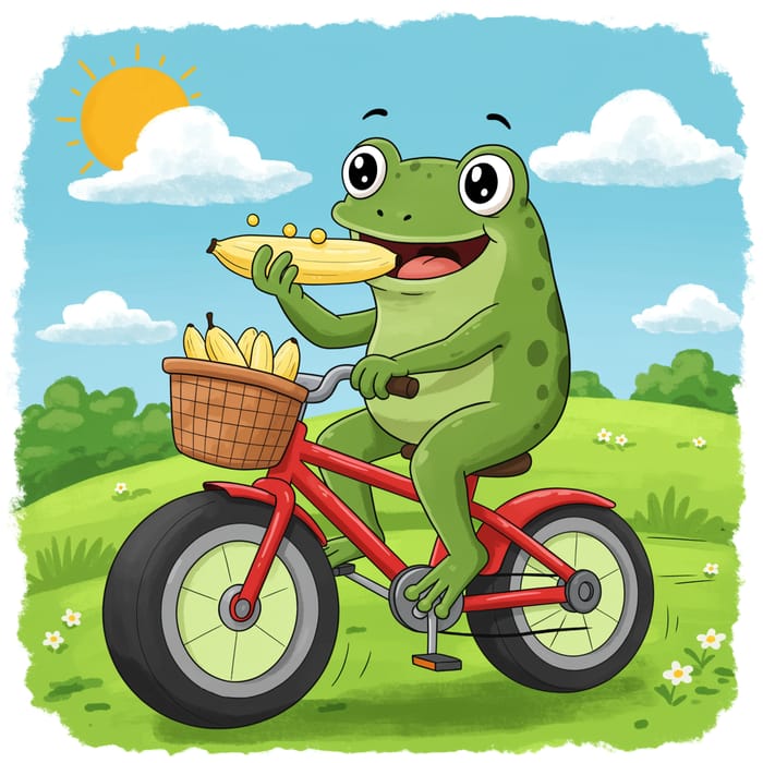 Cartoon Frog on Bike Eating Fruit Bar