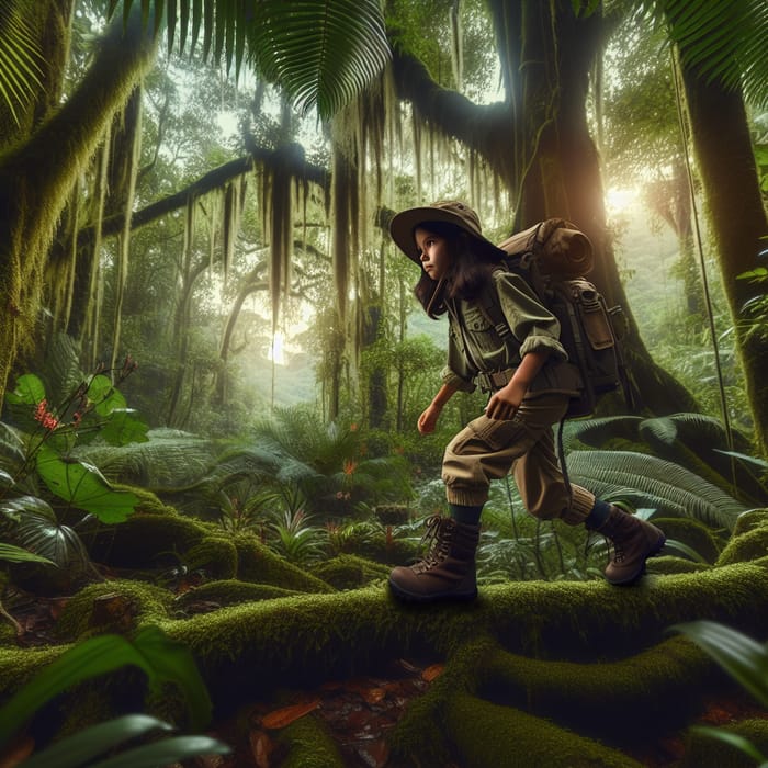 Girl Crossing Jungle: Adventure in Lush Rainforest