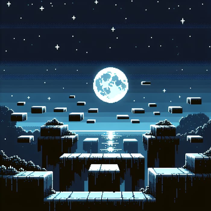 Pixellated Night Scene with Platforms: Moonlight Setting