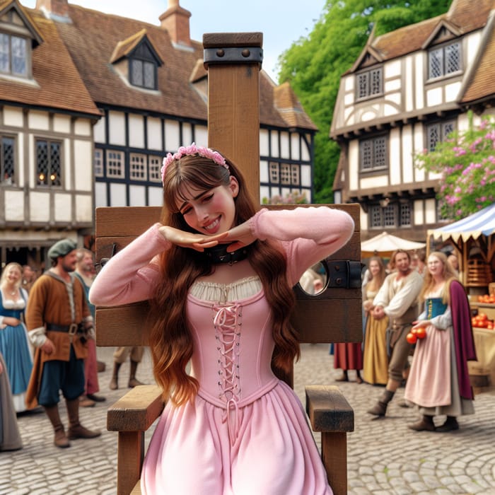 Young Woman in Pink Princess Outfit at Village Square Pillory Scene