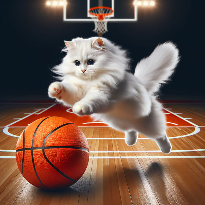 White Cat Playing Basketball: Funny and Unique Scene