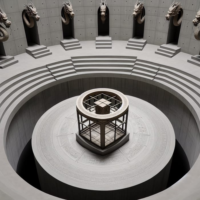 Intriguing Circular Room with Staircases, Dragon Statues, and a Mystery Object Intriguing Circular Room with Staircases, Dragon Statues, and a Mystery Object