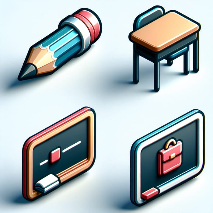 3D Education Icon Set: Pencil, Desk & Blackboard