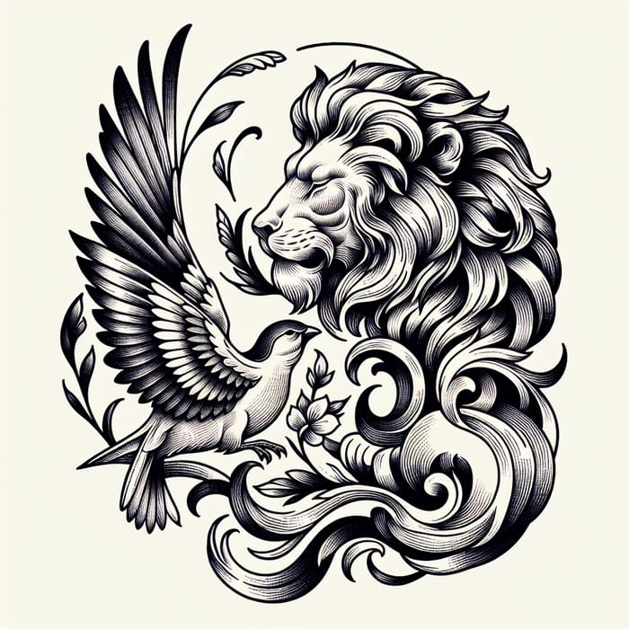 Majestic Lion and Graceful Bird Tattoo Design