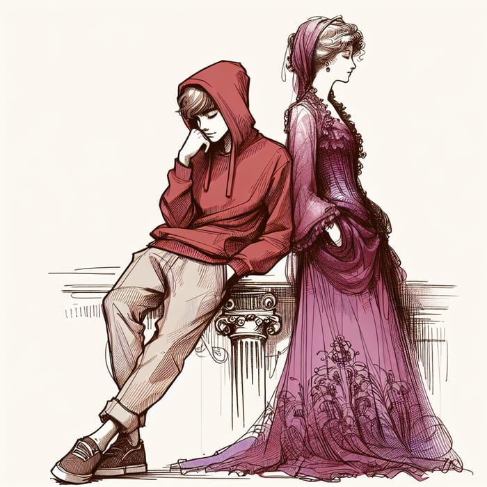 Young Man with Hood Rests Head on Woman in Purple Underwear