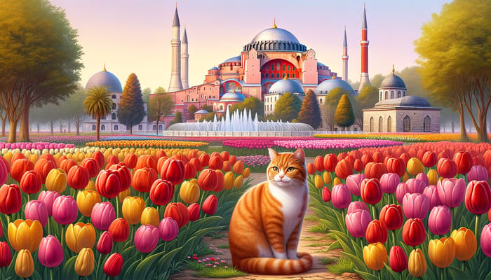 Hagia Sophia Mosque with Red Cat in Istanbul Tulip Field