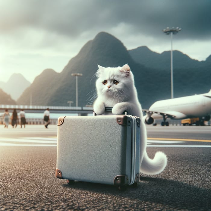 Lonely White Cat Traveling with Big Luggage in Foreign Land