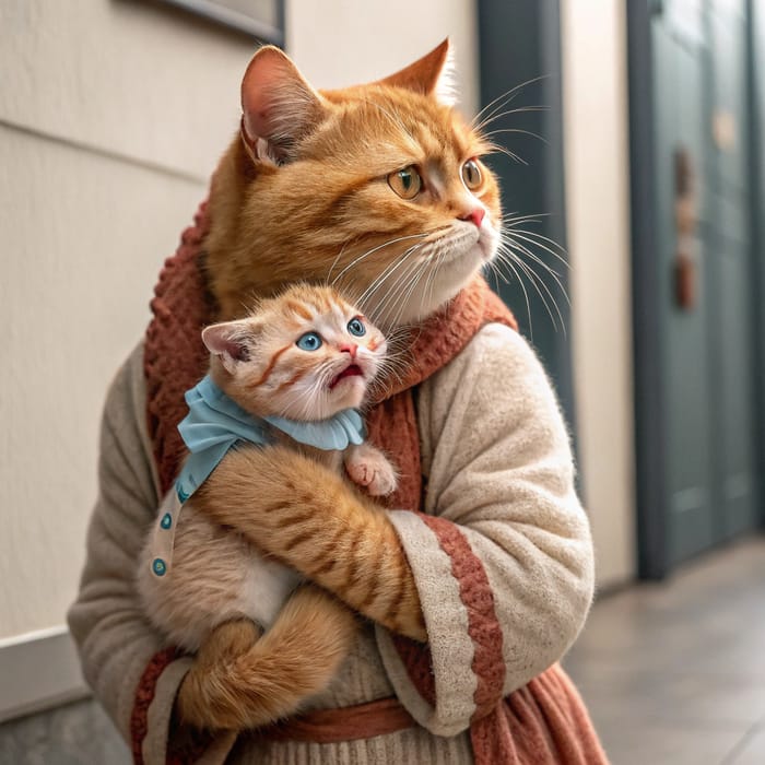 Tearful Red-Haired Cat with Kitten in Real-Life Attire