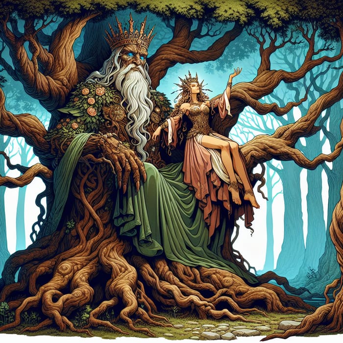 Low Angle View: Enchanting Dryad Queen and Treefolk King in Mystical Forest