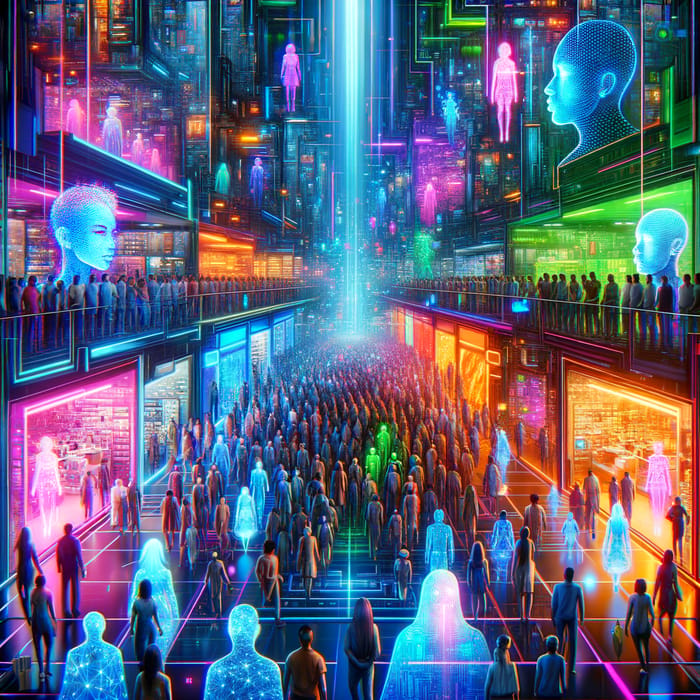 Futuristic Cyberpunk Virtual Shopping Mall: Neon Lights & Digital Shoppers