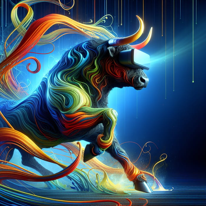 Mastery Over Virtual Realms | Colorful Bull in VR Landscape