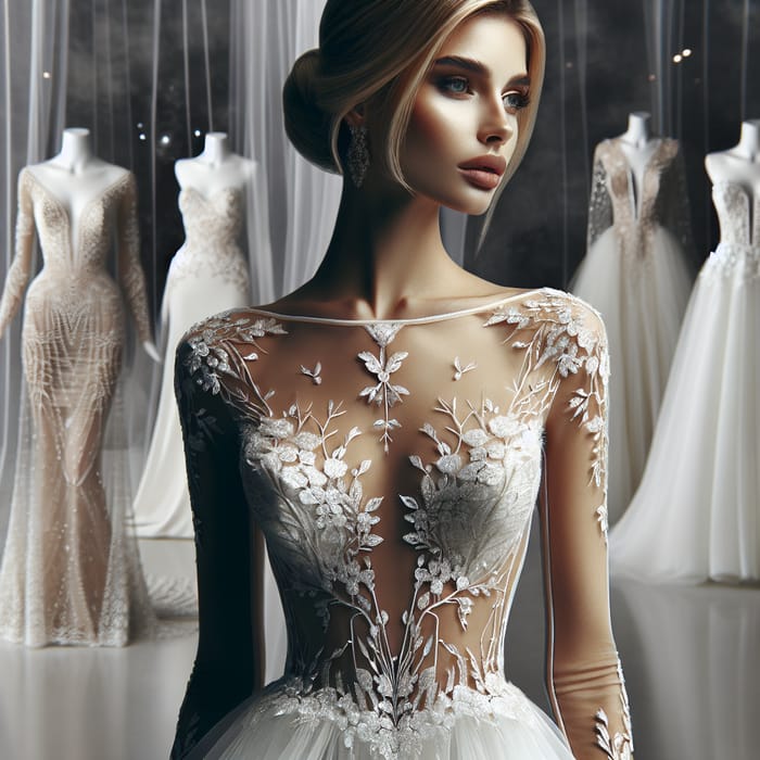 Innovative Wedding Dress with Sheer Lace and Clear Beadwork