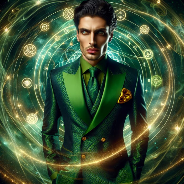 Enchanting Man in Emerald Green Suit with Magical Aura | Mystic Energy Presence