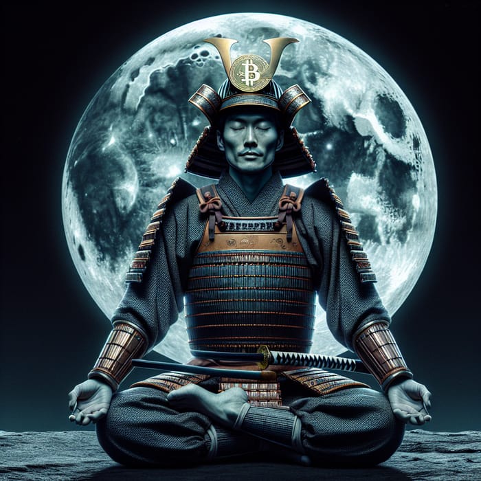 Meditating Samurai Under Bitcoin Moon