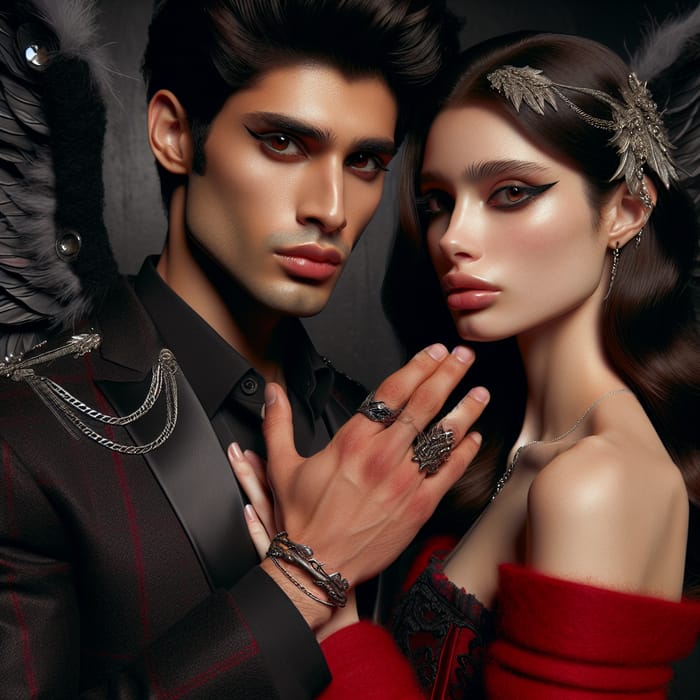 Majestic Dark Angel Embracing Elegant Woman in Red Dress