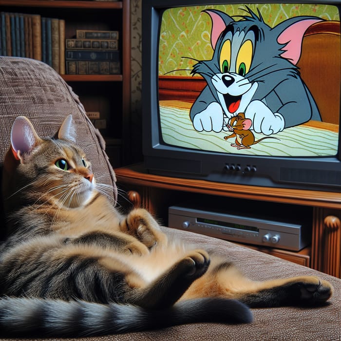 Cat Watching Tom & Jerry on Plush Sofa