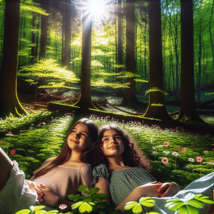 Spring Forest Relaxation: Girls Sunbathing in Tranquil Scene