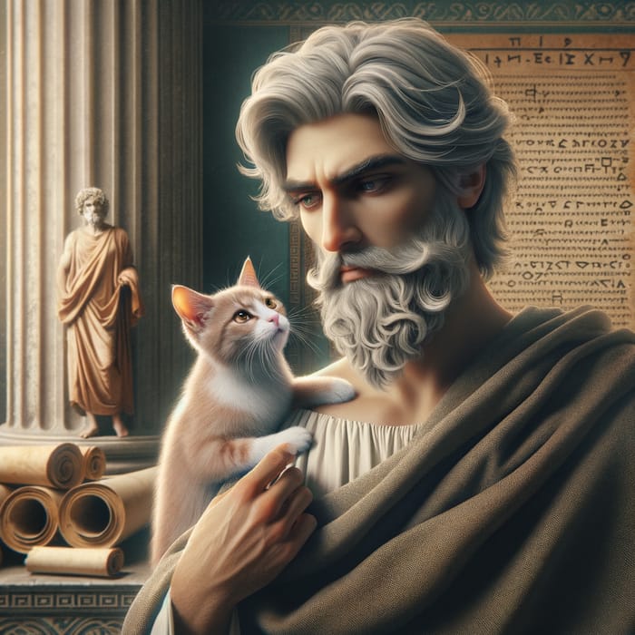 Ancient Greek Philosopher Contemplating with a Cat - Scholarly Pose