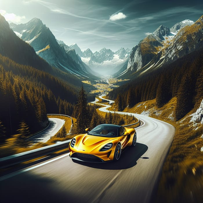 Yellow Sports Car Drives in Mountain Scenery