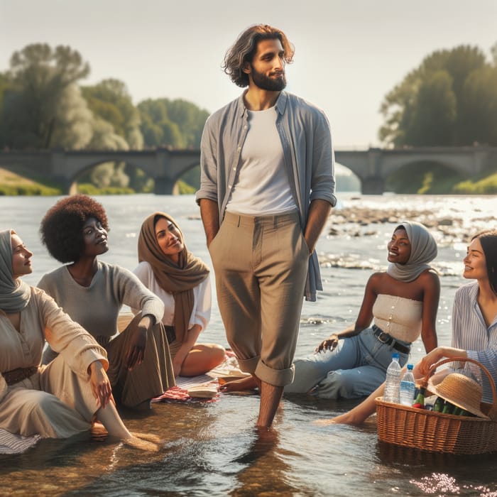 Man Cooling in River with Women Picnicking on Bank