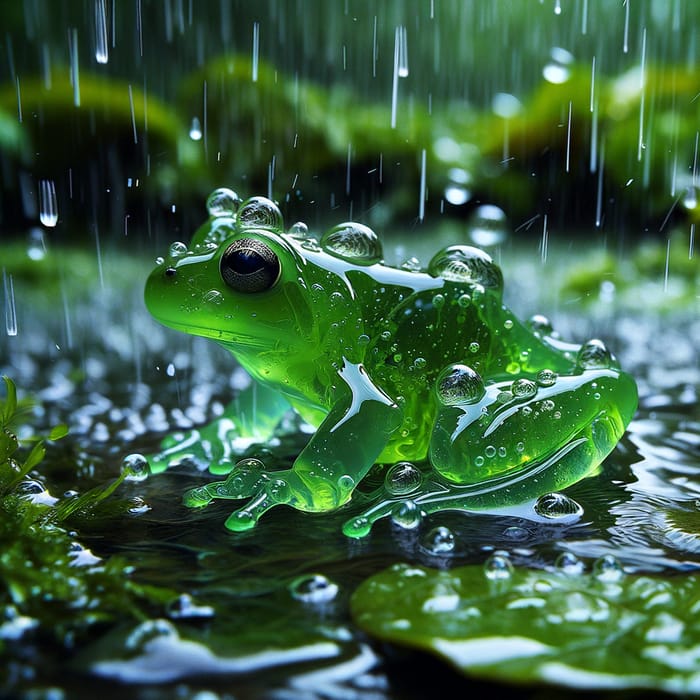 Jelly-Like Green Frog in Enchanting Rain Scene