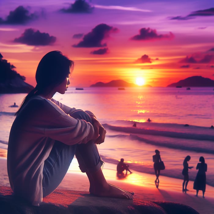 Serene Sunset Scene by the Shore with Woman Gazing