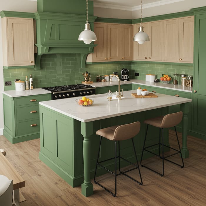 Stylish U-Shaped Moss Green Kitchen Design