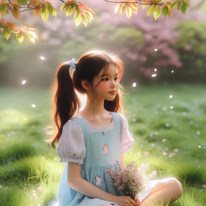 Ethereal Pastel Scene: Asian Girl on Lush Grass | Calm Beauty