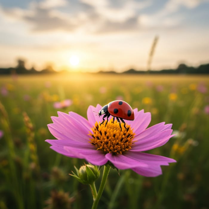 Ladybug on Flower in Sunny Field