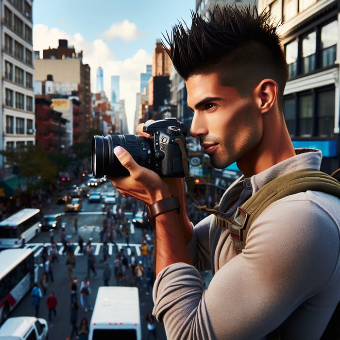 Hispanic Male Capturing Urban Moments with Nikon Camera