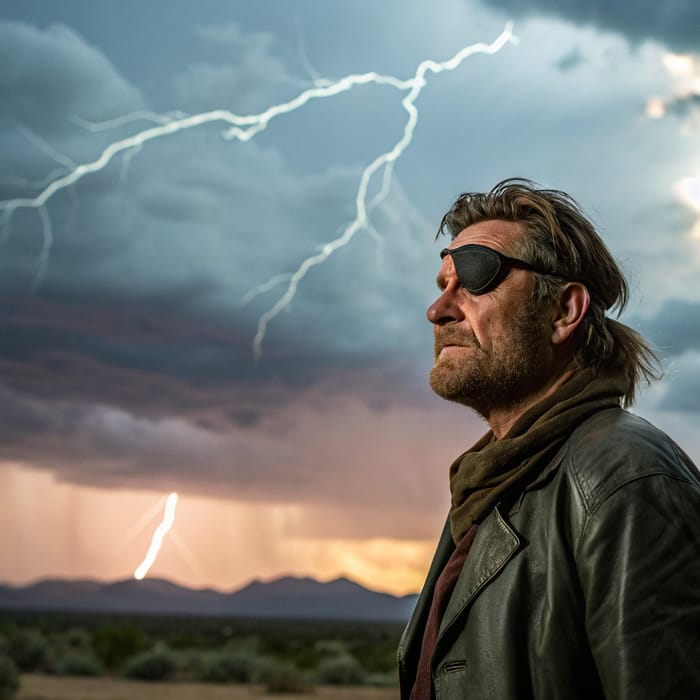 Man with Eye Patch and Lightning Background