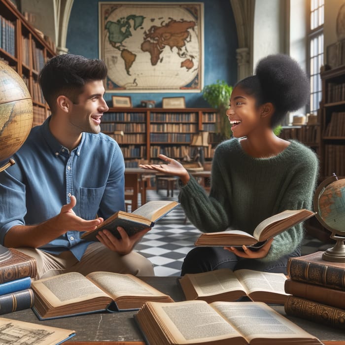 Young Hispanic Male and Black Female Engage in Historical Dialogue at Library