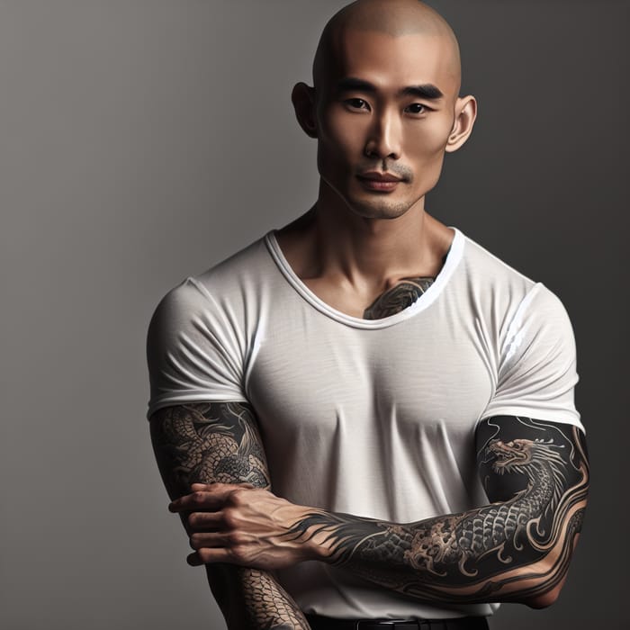 Bald Asian Man with Intricate Dragon Tattoo - Strength and Wisdom