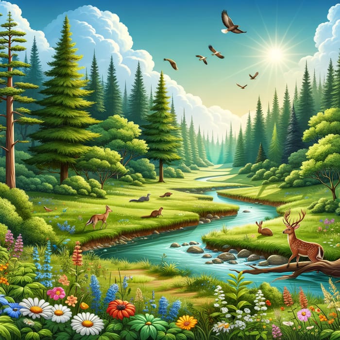 Nature Illustration: Green Forest with Wildlife & Serenity