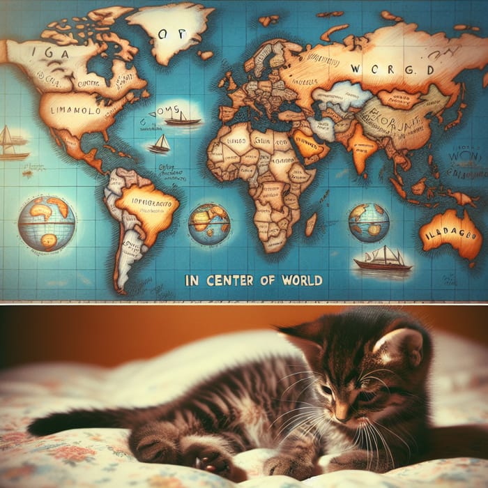 Adorable Cat Exploring the World Map