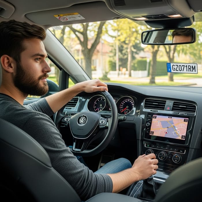 Young Bearded Driver in Golf Car Young Bearded Driver in Golf Car