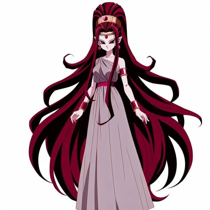 Saiyan Queen with Long Dark Red Hair, Diadem, and Greek-style Dress