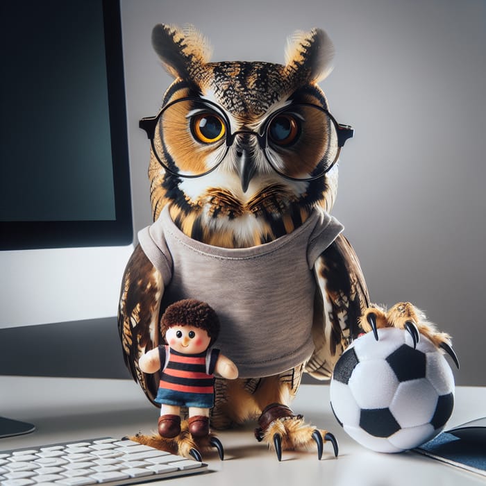 Smart Owl in T-Shirt on Computer with Doll and Soccer Ball