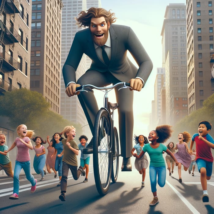 Giant Cyclist: Enchanting Street Scene with Playful Children